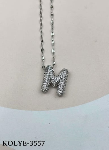 Çelik Silver Taşlı Balon Harf Kolye 45cm (M) // KOLYE-3557.KOLYE-3557