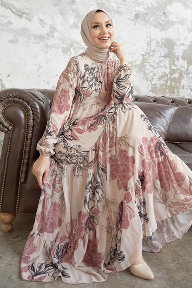 Jalya Buttoned Neck Tie Powder Chiffon Dress