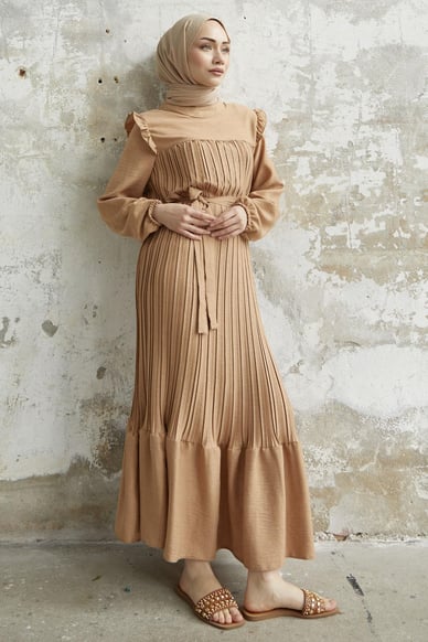 Off-Shoulder Frilled Pleated Camel Linen Dress
