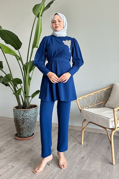 Half-Gathered Waist Cobalt Blue Two-Piece Set