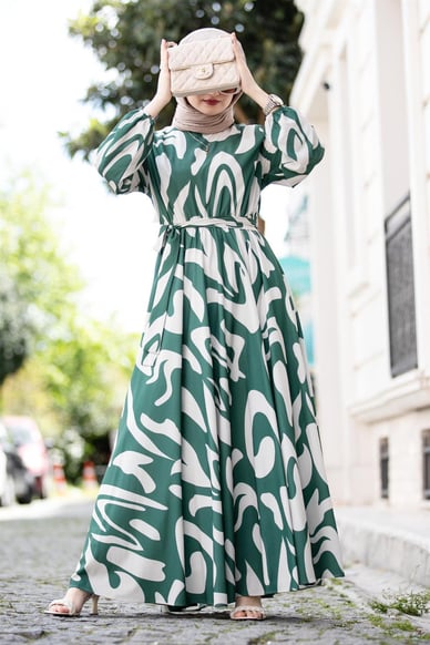 Geometric Viscose Fabric Desing Dress-Green