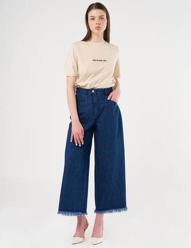 19034 Eskitmeli Yüksek Bel Denim Pantolon-Lacivert