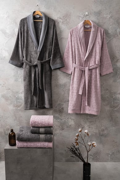 Rena Gris-Plum Bambu Pamuk Aile Bornoz Seti