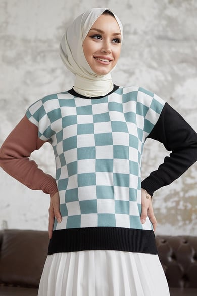 Monsa Square Checkered Knit Sweater in Mint