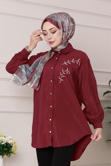 Pearl embroidered front tunic- burgundy color 