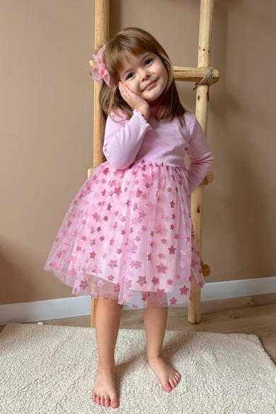 Pink Star Printed Tulle Skirt Girls Dress - Karen