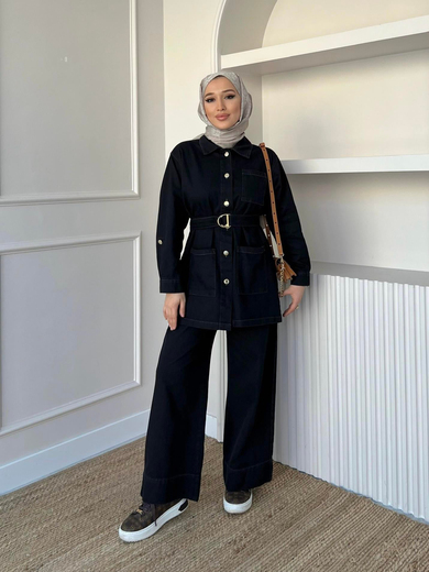 Kemerli Denim Takım Siyah