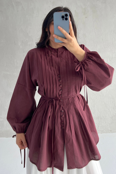 Pilili Düğmeli Tunik Bordo