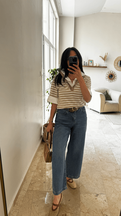 Bej Çizgili Poplin Detay Polo Yaka Modal Bluz