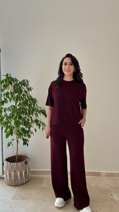 Bisiklet Yaka Kısa Kol Modal Takım Bordo