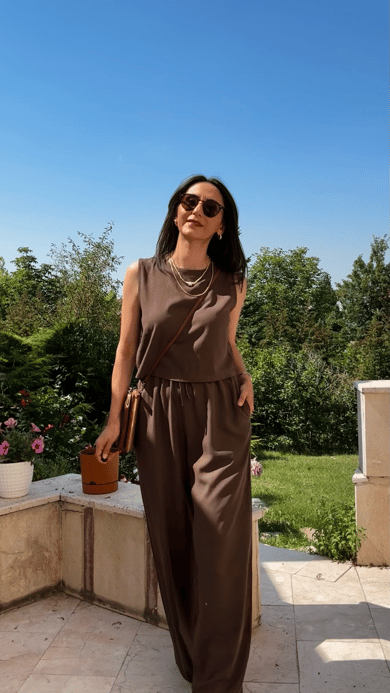 Kahve Keten Bluz Pantolon Takım