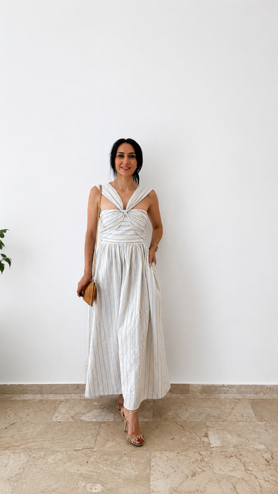 Mavi Çizgili Düğüm Detaylı Bluz Etek Takım