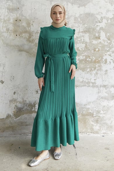 Off-Shoulder Frilled Pleated Green Linen Dress