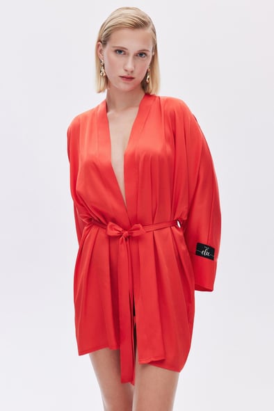 Fumée Nar Çiçeği Kısa Saten Sabahlık / Kimono