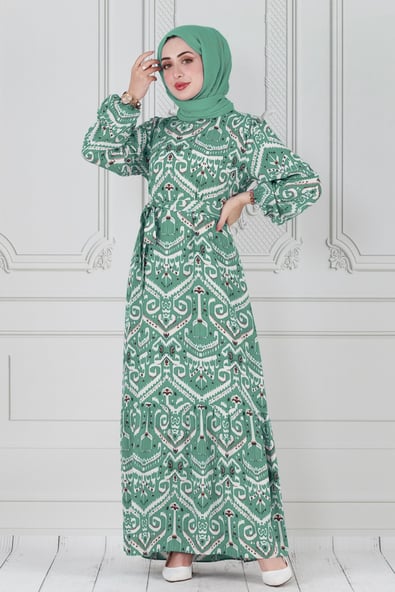 Motif Desen Beli Kuşaklı Viskon Elbise-Mint Yeşili