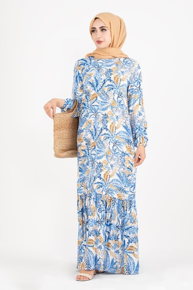 Palm Pattern Coating Viscose Belted Dress-Blue