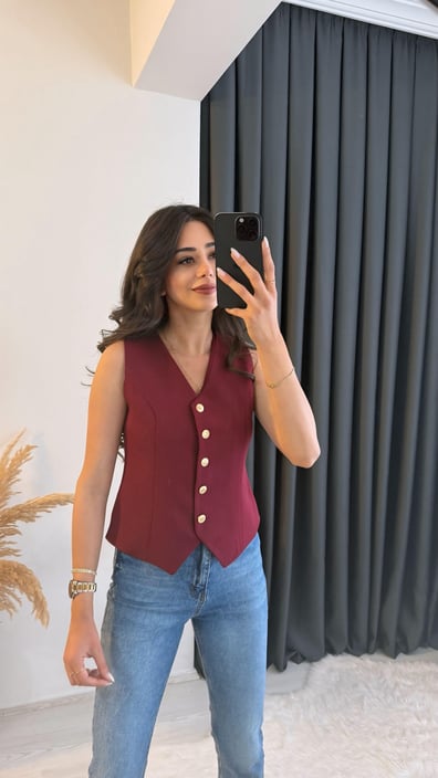 Balena Premium Seri Gold Düğmeli Yelek Bordo