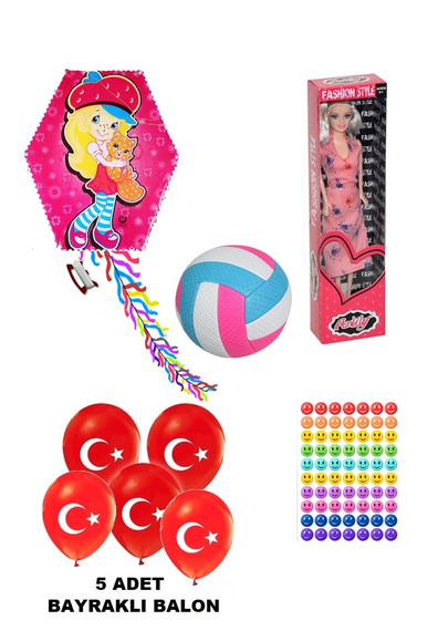 Kırtasiye Seti Oyuncak Kız Öğrenci Seti (5 Adet Bayraklı Balon - Uçurtma- Voleybol Topu - Oyuncak Bebek - Sticker)
