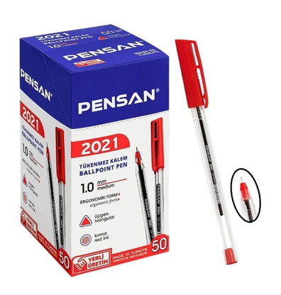 Pensan Şeffaf Üçgen Kırmızı Tükenmez Kalem 2021