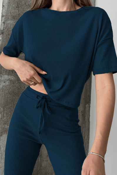 LACİVERT FİTİLLİ BOL KALIP KISA KOLLU TAKIM