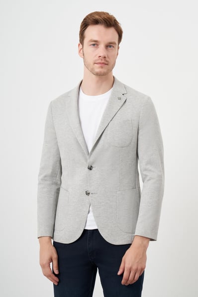 Morven Erkek Gri Örme Slim Fit Torba Cep Mono Yaka Spor Ceket