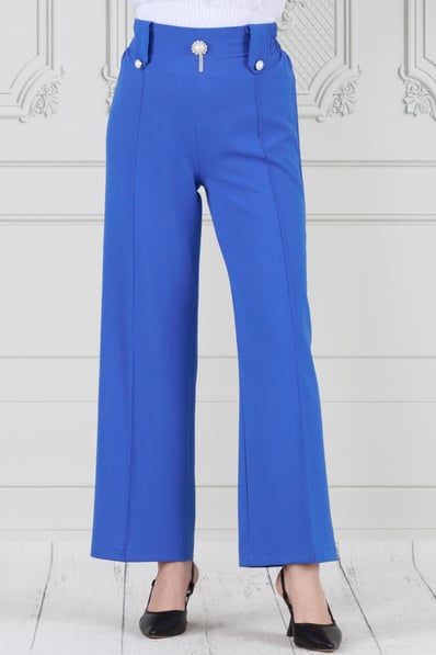 Wide Leg Trousers with Pearl Brooch -bleu color 