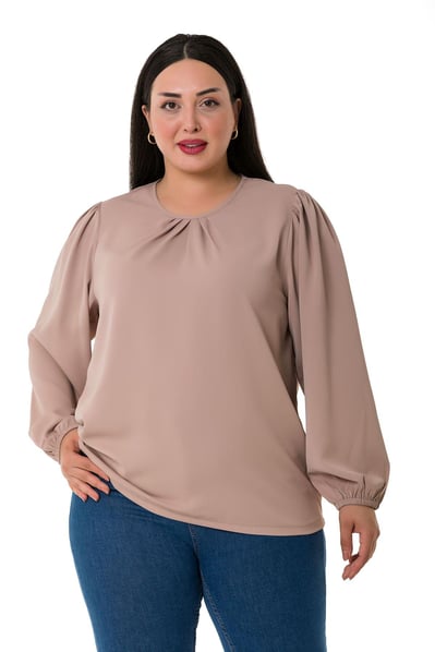 Plus Size Elastic Cuff Pleated Collar Mink Blouse
