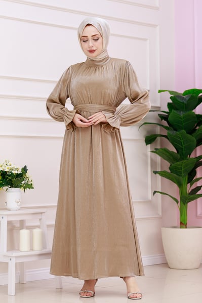 Shimmery dress with large sleeves - mink color 