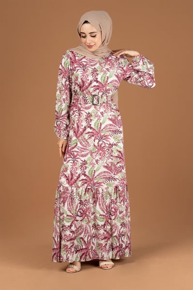 Palm Pattern Coating Viscose Belted Dress-Pink