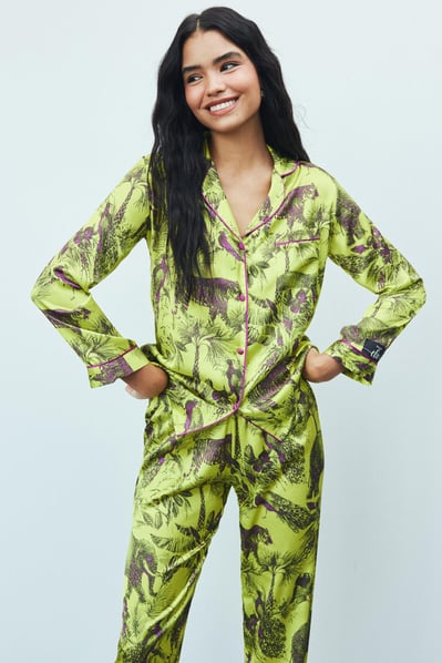Amour Jardin Desenli Uzun Saten Pijama Takımı