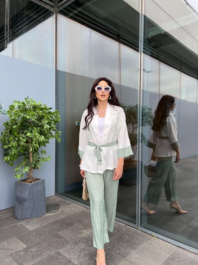 Kot Garnili Nakışlı İkili Kimono Takım Yeşil-Beyaz