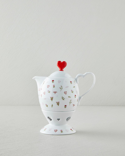 Amour Porselen Isıtıcılı Demlik Seti 850 ml Beyaz