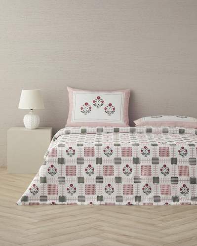 Floral Grid Pamuklu Tek Kişilik Nevresim Seti Gül Kurusu