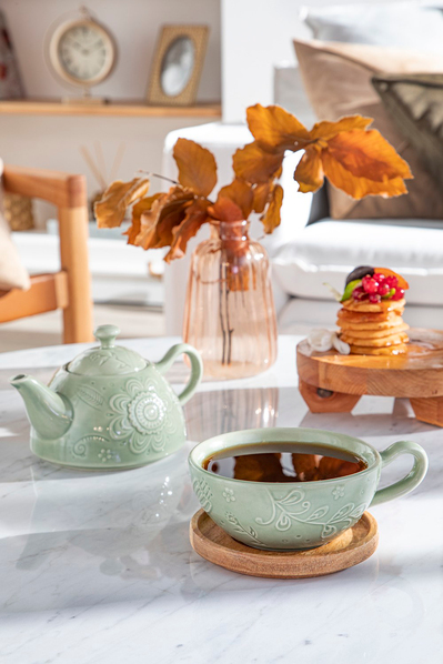 Floral Poem Stoneware Demlik Seti 350 ml + 250 ml Açık Yeşil