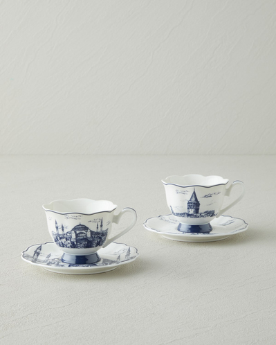 İstanbul New Bone China 4 Parça 2 Kişilik Kahve Fincanı 90 ml Beyaz - Lacivert