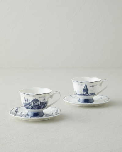 İstanbul New Bone China 4 Parça 2 Kişilik Kahve Fincanı 90 ml Beyaz - Lacivert