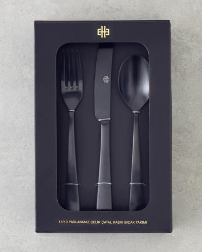 Leptis Paslanmaz Çelik Çatal Kaşık Bıçak Takımı 18 Parça 6 Kişilik Siyah