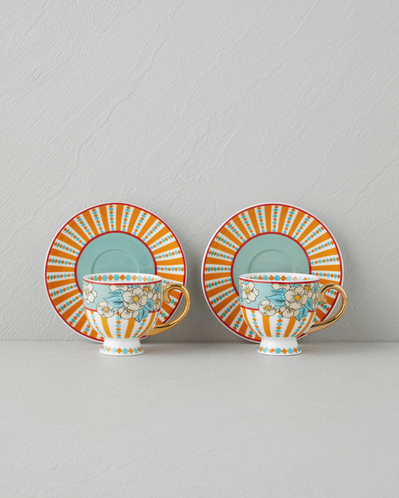 Nostalgic Grace New Bone China 4 Parça 2 Kişilik Kahve Fincan Takımı 100 ml Sarı - Mavi