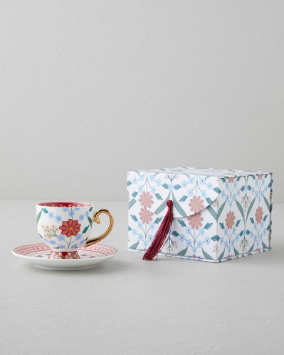 Nostalgic Wildflower New Bone China 4 Parça 2 Kişilik Kahve Fincan Takımı 100 ml Mavi – Bordo