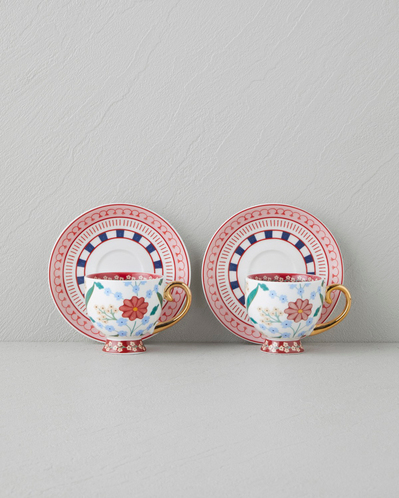 Nostalgic Wildflower New Bone China 4 Parça 2 Kişilik Kahve Fincan Takımı 100 ml Mavi – Bordo