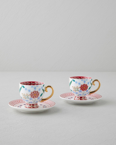 Nostalgic Wildflower New Bone China 4 Parça 2 Kişilik Kahve Fincan Takımı 100 ml Mavi – Bordo