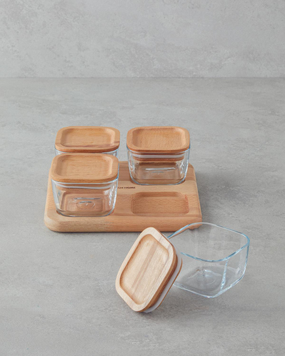 Pico Cam Ahşap Kapaklı 4 Bölmeli Kahvaltılık 21x21 cm Şeffaf