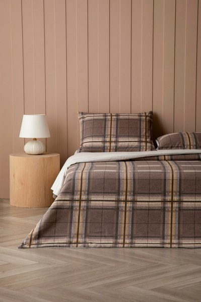 Windsor Plaid Flanel Çift Kişilik Çarşaflı Nevresim Takımı 200x220 cm Krem-Kahverengi