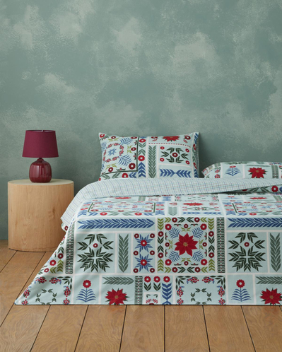 Winter Patch Flanel Çift Kişilik Çarşaflı Nevresim Takımı 200x220 cm Açık Yeşil