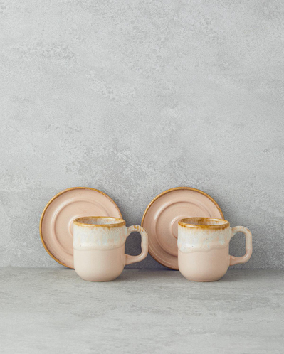 Alicent Seramik 4 Parça 2 Kişilik Double Kahve Fincan Takımı 150 ml Pudra