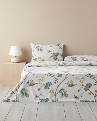 Birds Symphony Flanel Çift Taraflı Tek Kişilik Nevresim Takımı Bej