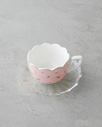 Charming New Bone China 4 Parça 2 Kişilik Cam Tabaklı Kahve Fincan Takımı 80 ml Pembe - Yeşil