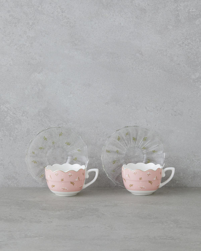 Charming New Bone China 4 Parça 2 Kişilik Cam Tabaklı Kahve Fincan Takımı 80 ml Pembe - Yeşil