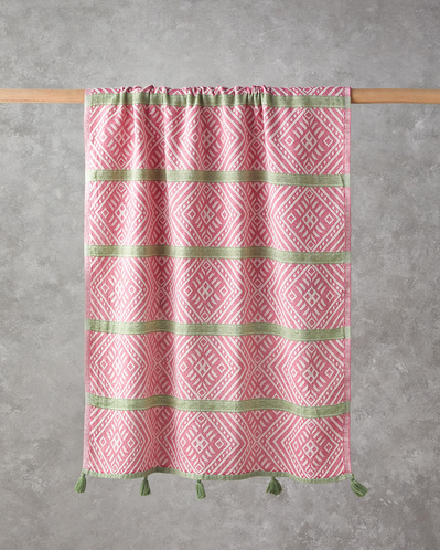 Crispy Pamuklu Püsküllü Peştamal 90x150 cm Pembe - Yeşil