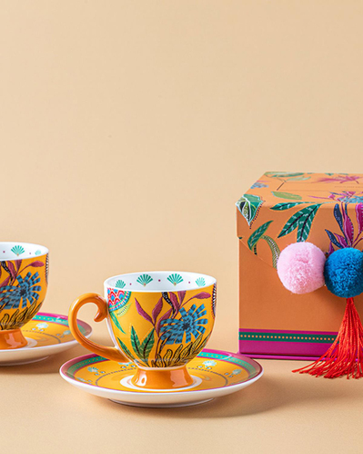 Exotic Wild New Bone China 4 Parça 2 Kişilik Kahve Fincan Takımı Sarı